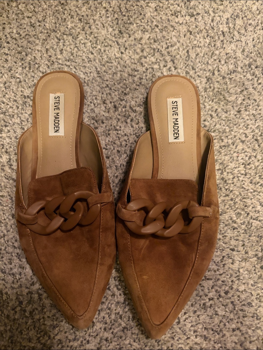 Steve Madden Brown Suede Pointed Chain-Detail Mules